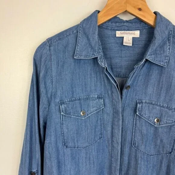 Motherhood Maternity Small Blue Denim Button Down Knee Length Dress Pregnancy - Picture 13 of 15